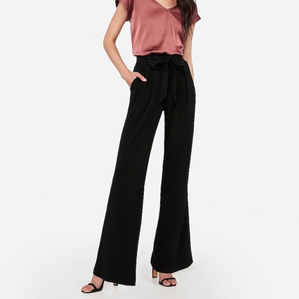 Express High Waisted Tie Paperbag Wide Leg Pant Women’s XS “Pitch Black” NWT